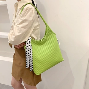 Women Pleated PU Leather Shoulder Bag Fashion Underarm Baguette Bag With Polka Dot Scarf Decor Large Capacity