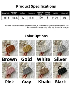Size chart for quilted box bag with chain strap and detailed measurements in centimeters