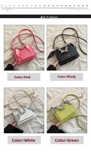 Detail view of multi-color crossbody bags with decorative silk scarf on handles