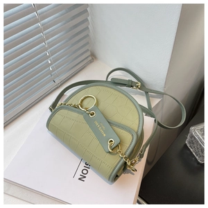 Detail of light green crocodile pattern saddle bag with gold chain and strap