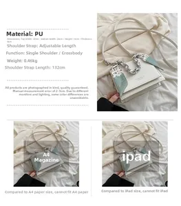 Detailed size specifications for a cream PU leather crossbody bag with silk scarf handle