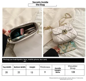 Detaillierte Größentabelle für beige Stepptasche mit Maßen und Innenraumkapazität-Ansicht