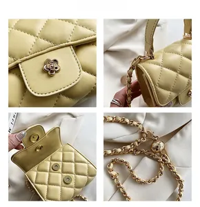 Detailed views of cream yellow quilted bag with gold flower buckle and chain strap