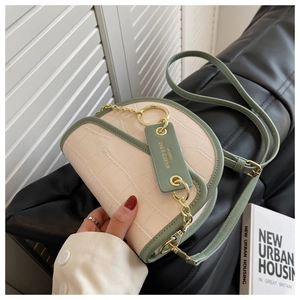 Close-up of saddle bag with pink crocodile texture, green trim and gold chain detail