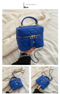 Blue quilted mini vanity bag with gold chain strap and floral zipper detail