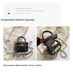 Mini black quilted vanity bag showing interior capacity and size compared to a phone