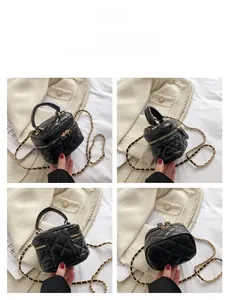 Detailed views of a black quilted leather vanity bag with gold-tone chain and hardware