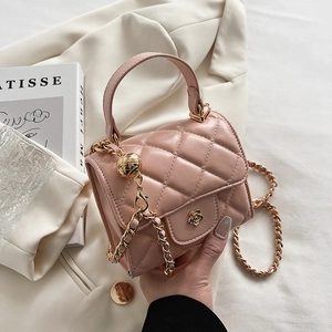 Women Mini Crossbody Bag PU Leather Quilted Diamond Pattern Gold Flower Buckle Chain Strap Top Handle Elegant Shoulder Bag