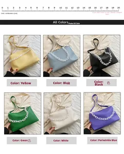 Detailed grid view of minimalist underarm bags in six colors with acrylic chain straps