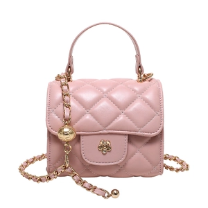 Pink quilted cloud bag with gold chain strap and floral metal buckle in a front view