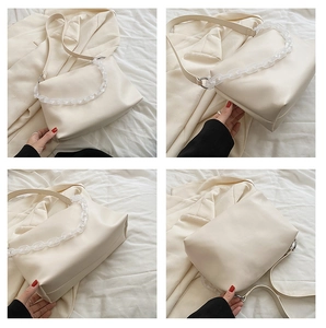 Detailed views of beige leather shoulder bag with white acrylic chain and adjustable strap