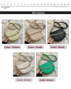 Detailed view of leather saddle bags in five colors with thick gold chain and long strap