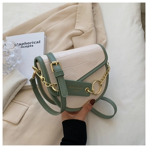 Detail of beige and green crocodile embossed saddle bag with gold chain and logo tag