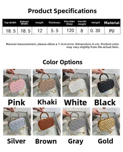 Size chart showing 18.5x12x5.5 cm dimensions and chain strap details for the box bag