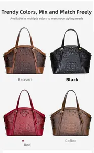 Detail view of retro crocodile embossed handbags in brown, black, red, and coffee colors