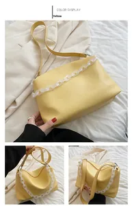 Detail view of yellow PU leather shoulder bag with white acrylic chain and color display