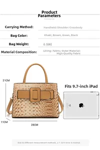 Detail view of khaki faux crocodile tote bag with dimensions 28x21x11cm and buckle