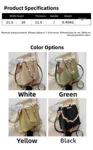 Detailed size specifications and material specs for the chain bucket bag with silk scarf