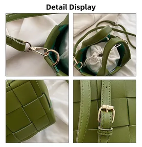 Detailed views of olive green woven handbag with gold hardware and drawstring liner