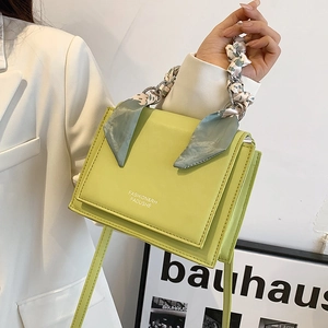 Green PU leather flap crossbody bag with floral scarf chain handle for women
