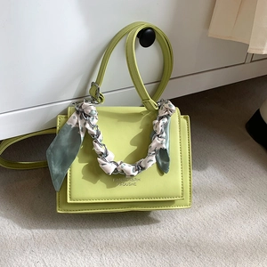 Green PU leather crossbody square bag with silk scarf chain handle and leather strap