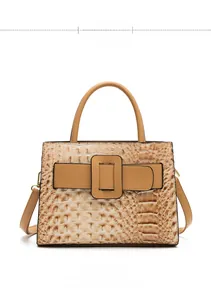 Front view of beige crocodile embossed tote bag with gold buckle and top handle