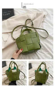 Detail of light green woven bucket bag with leather texture and drawstring inner pouch