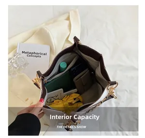 Macro view showing large capacity interior of the two-tone tote bag with daily essentials