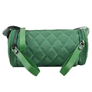 Green quilted nylon cylinder crossbody bag with wide shoulder strap in casual style