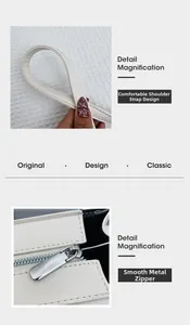 Detail of white PU leather crossbody bag with silver zipper and textured finish
