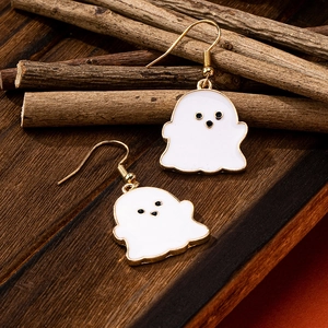 Cartoon ghost earrings with white enamel and gold trim for Halloween festival style