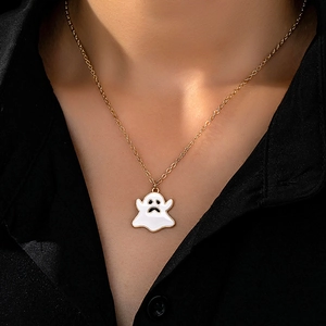 Collier Pendentif Fantôme Halloween Émail Visage Triste Alliage De Zinc Chaîne Plaqué Or Bijoux