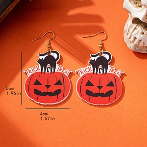Halloween pumpkin and black cat acrylic drop earrings with Trick or Treat text