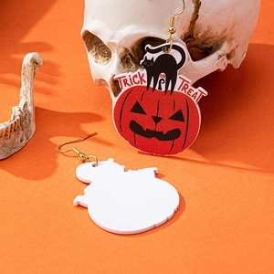 Halloween pumpkin earrings with black cat and Trick or Treat text on orange background