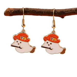 Cartoon Halloween ghost drop earrings with orange hats on a natural wooden branch