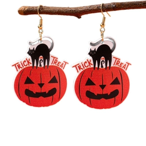 Halloween pumpkin lantern earrings with black cat and Trick or Treat text design