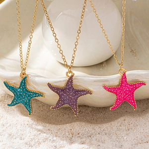 Colorful starfish pendant necklaces with gold chains and textured starfish charms