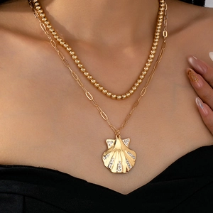 Double Layer Necklace Alloy Rhinestone Shell Pendant Bead Paperclip Chain Beach Holiday Fashion Jewelry