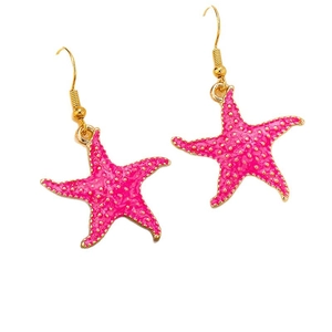 Pink starfish drop earrings with golden dot accents and hooks for summer vacation