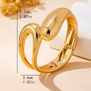 Minimalist gold teardrop open bangle bracelet with high polish finish and dimensions