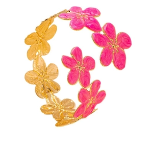 Elegant gold-tone open cuff bracelet with pink enamel floral motifs for women
