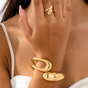 Minimalist Alloy Gold Plated Irregular Organic Bangle And Ring Jewelry For Women High Polish Trendy Fashion