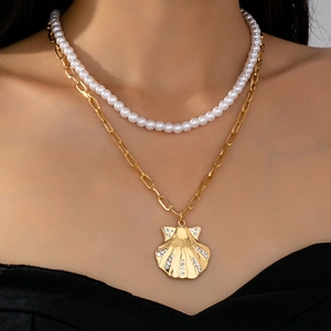 Collier Double Rang En Alliage Pendentif Coquillage Avec Imitation Künstliche Perle Et Strass Bijou Élégant Pour Femme