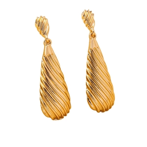 Elegant gold drop earrings with teardrop shape and spiral texture on white background