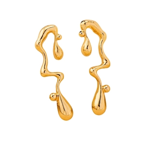 Minimalist gold irregular liquid metal wave earrings with molten drop design