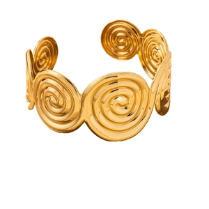 Golden spiral shell bangle bracelet with a vintage bohemian geometric design