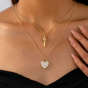 Double Layered Necklace With Star And Heart Pendants Gold Plated Alloy Sparkling Rhinestone Jewelry Gift For Women