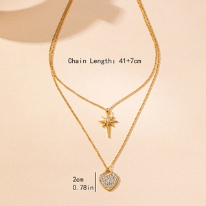 Double-layer gold necklace with star and heart pendants, 41+7cm length adjustable