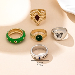 5-piece gold and silver fashion ring set with green enamel, butterfly and MISS YOU engraving