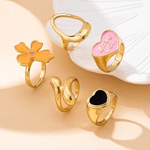 Five-piece gold ring set with colorful hearts, flowers and fluid wave patterns